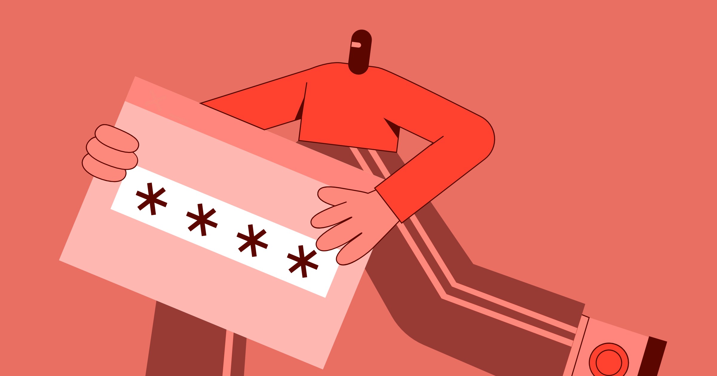 A stylized illustration of a simplified human figure holding a large rectangular card with four asterisks on it, symbolizing hidden or protected information. The character is drawn in bold red and pink tones, set against a monochromatic red background, suggesting themes of security, protection, or confidentiality.