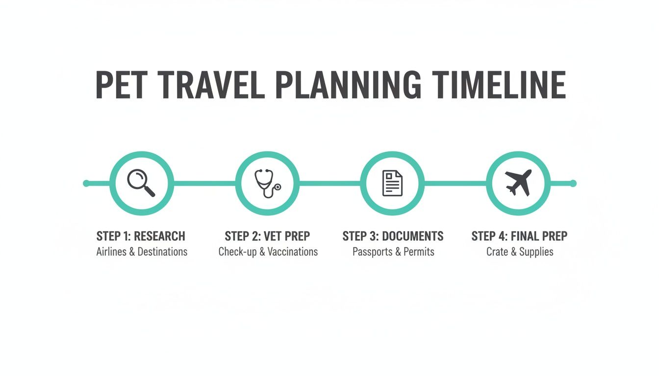 A clear timeline visually outlining 4 key steps for pet travel planning, from research to final prep.
