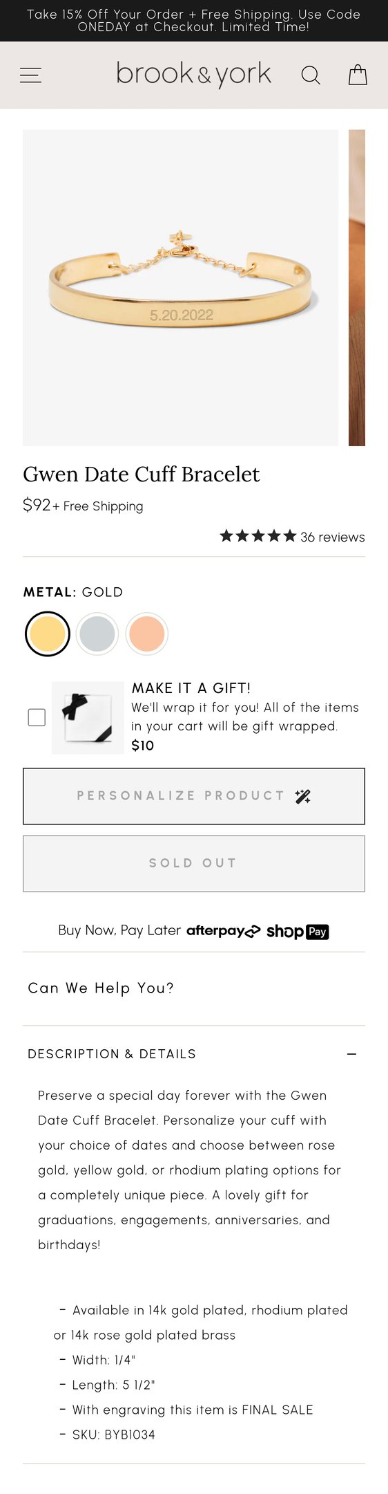 Jewelry product options include: bracelet, chain, earring for Gwen Date Cuff Bracelet from Brook & York.