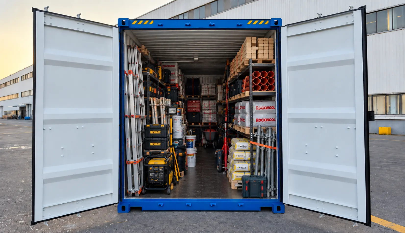 Illustrasjon av organisert 20 fots lagercontainer fylt med verktøy og byggevarer