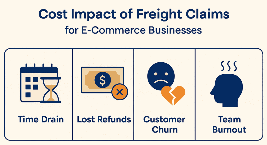 Infographig showing the cost impact of freight claims for e-commerce businesses: time train, lost refunds, customer churn, team burnout