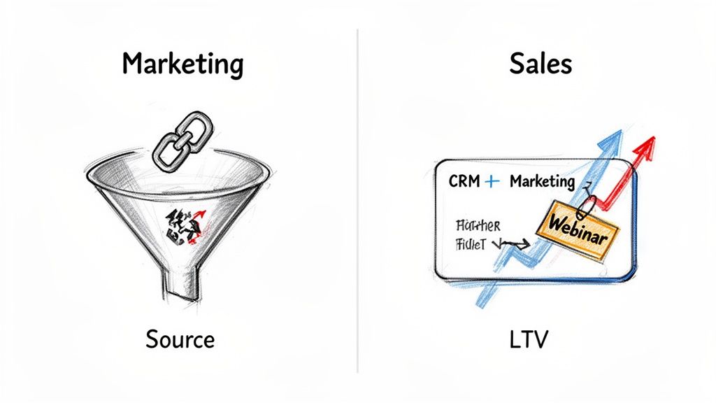 Diagram illustrating the marketing and sales funnel, connecting source, CRM, and LTV with growth.