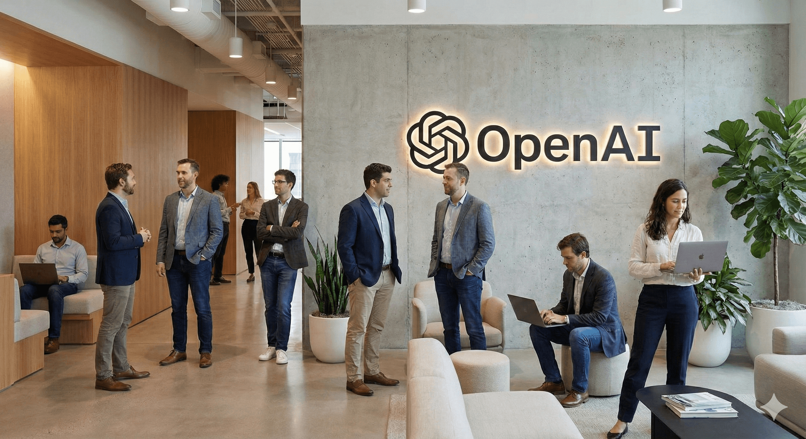 A modern, open-concept office space with several professionals engaged in conversation, featuring a prominent illuminated OpenAI logo on a concrete wall, and wood accents and greenery enhancing the welcoming atmosphere.