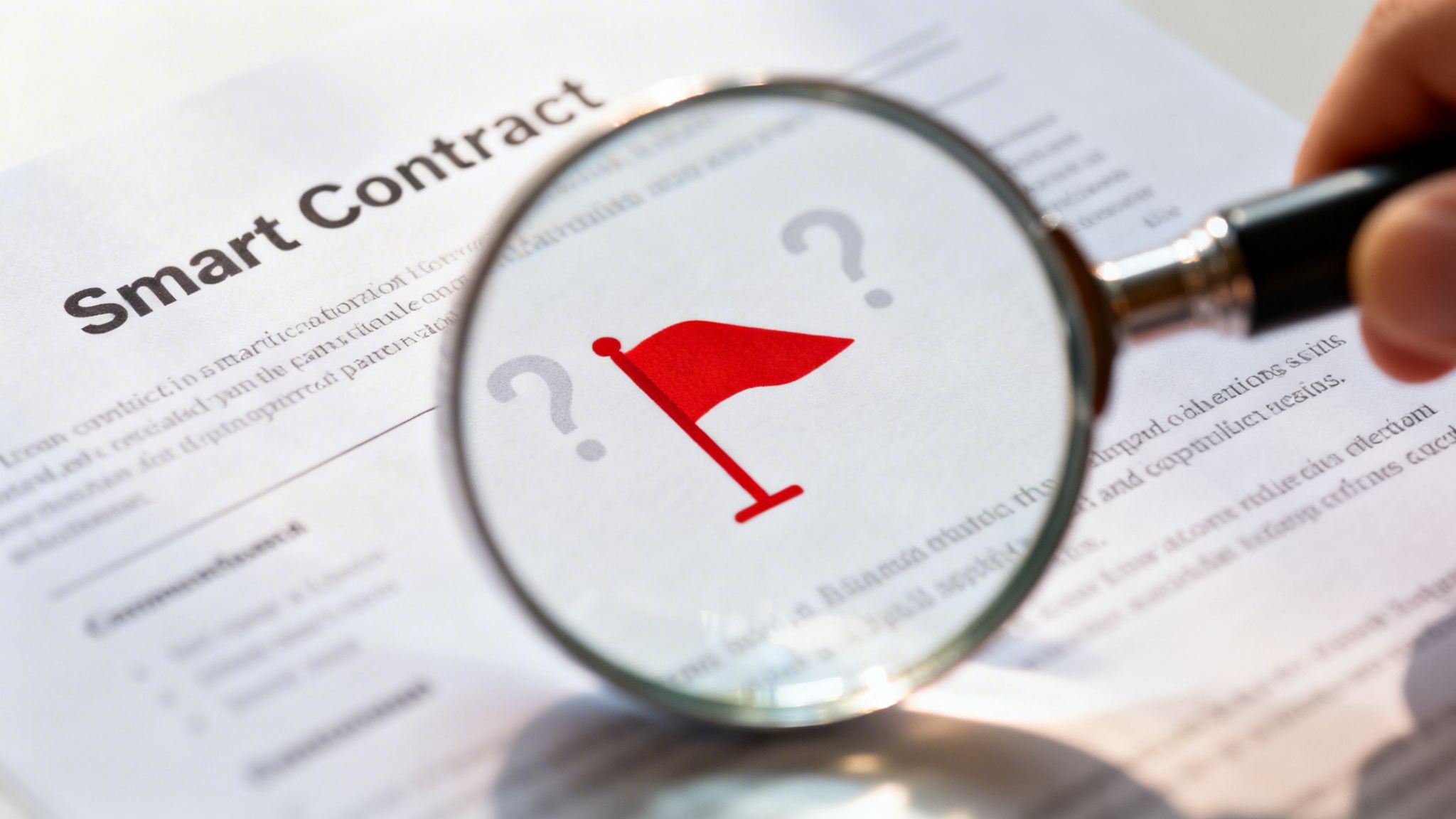 Magnifying glass highlights a red flag and question marks on a 'Smart Contract' document.