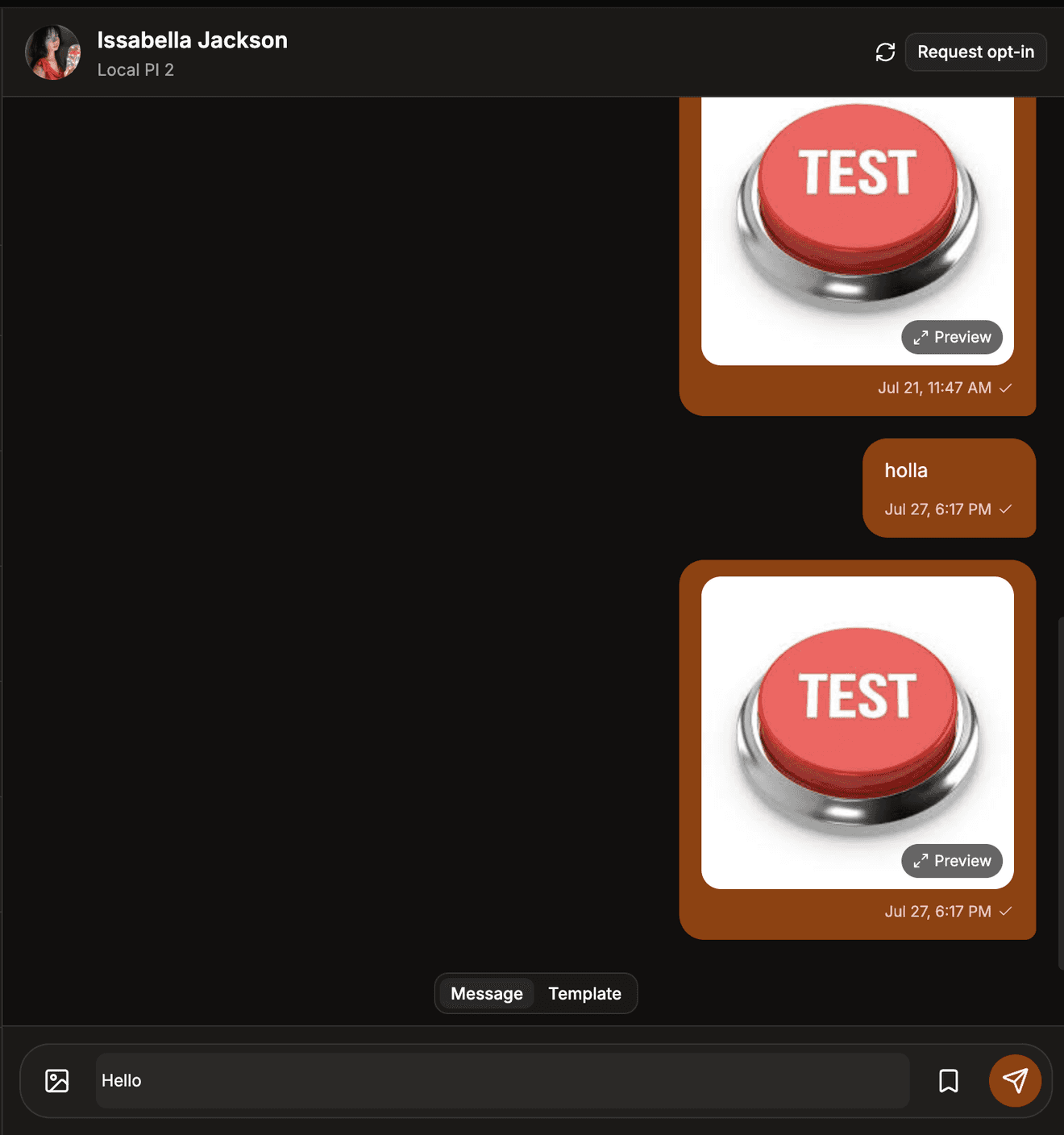An open Messenger conversation in Page Interact showing sent images and text, with the Message and Template tabs above the reply box.