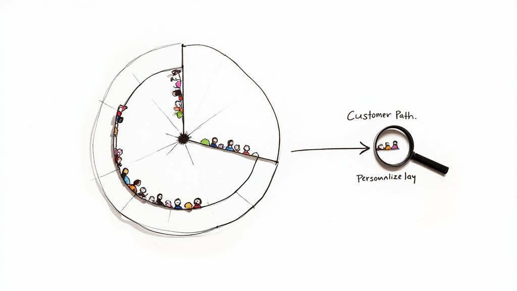 Diagram showing a customer journey wheel and a magnified personalized segment of three people.