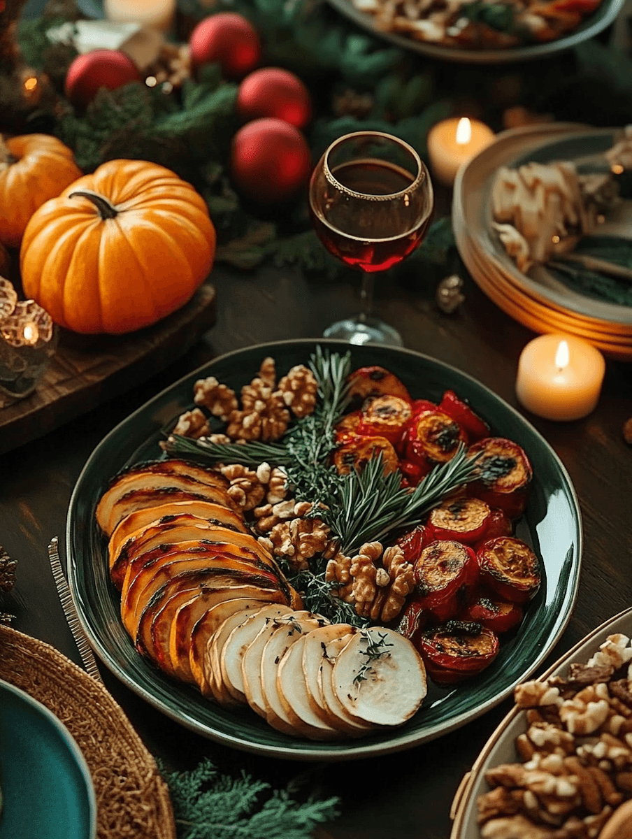 A festive platter of roasted vegetables, including sliced, seared pears or apples and charred tomatoes, garnished with walnuts and rosemary sprigs, set next to a pumpkin, a glass of red wine, and lit candles for a holiday or autumn meal.