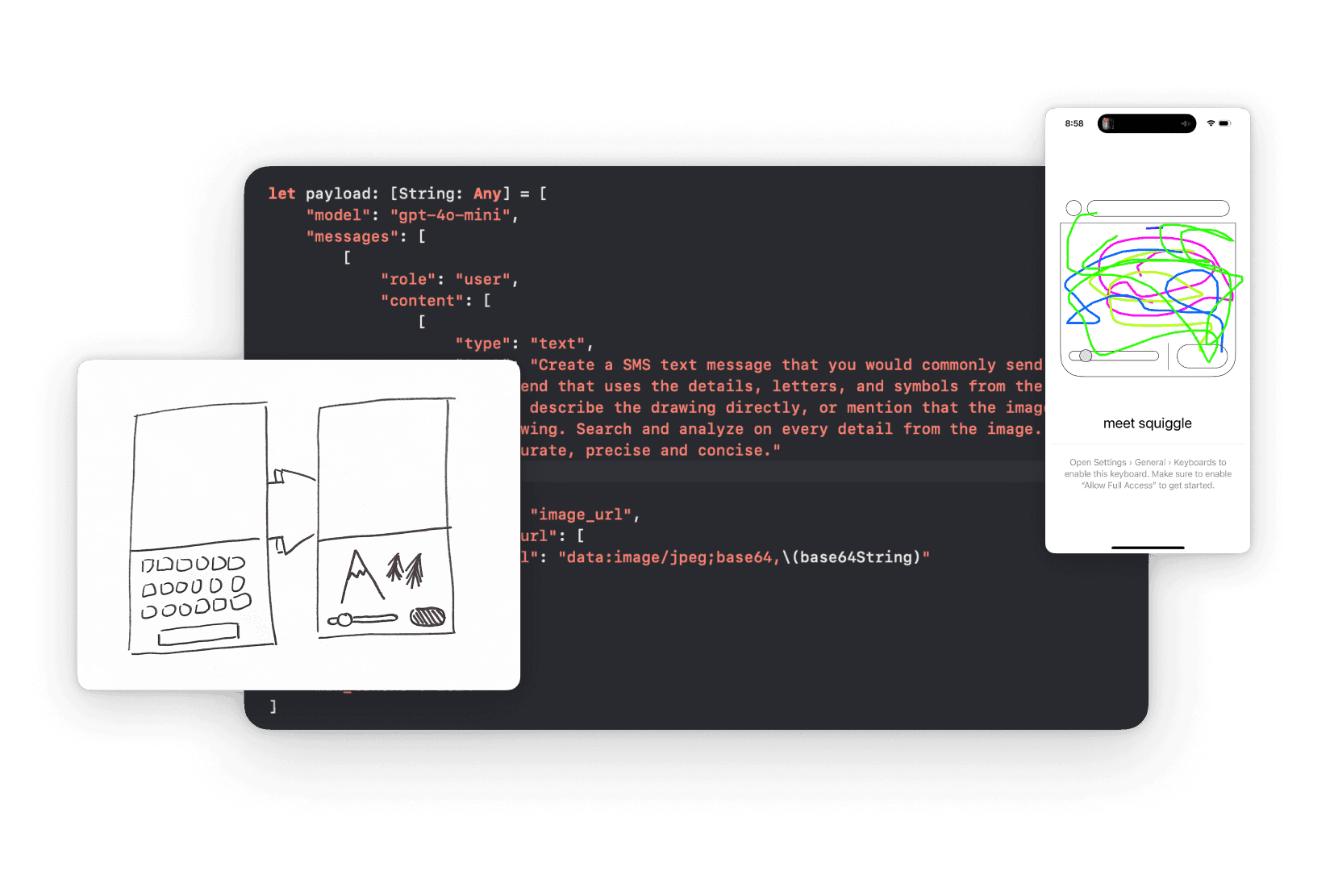 Collage of a drawing of a phone app, a GPT API prompt, and a screenshot of a phone with colorful squiggles on a white background