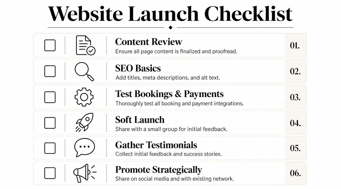 A six-step checklist for launching a new website, including content review, SEO, bookings, and promotion strategy.