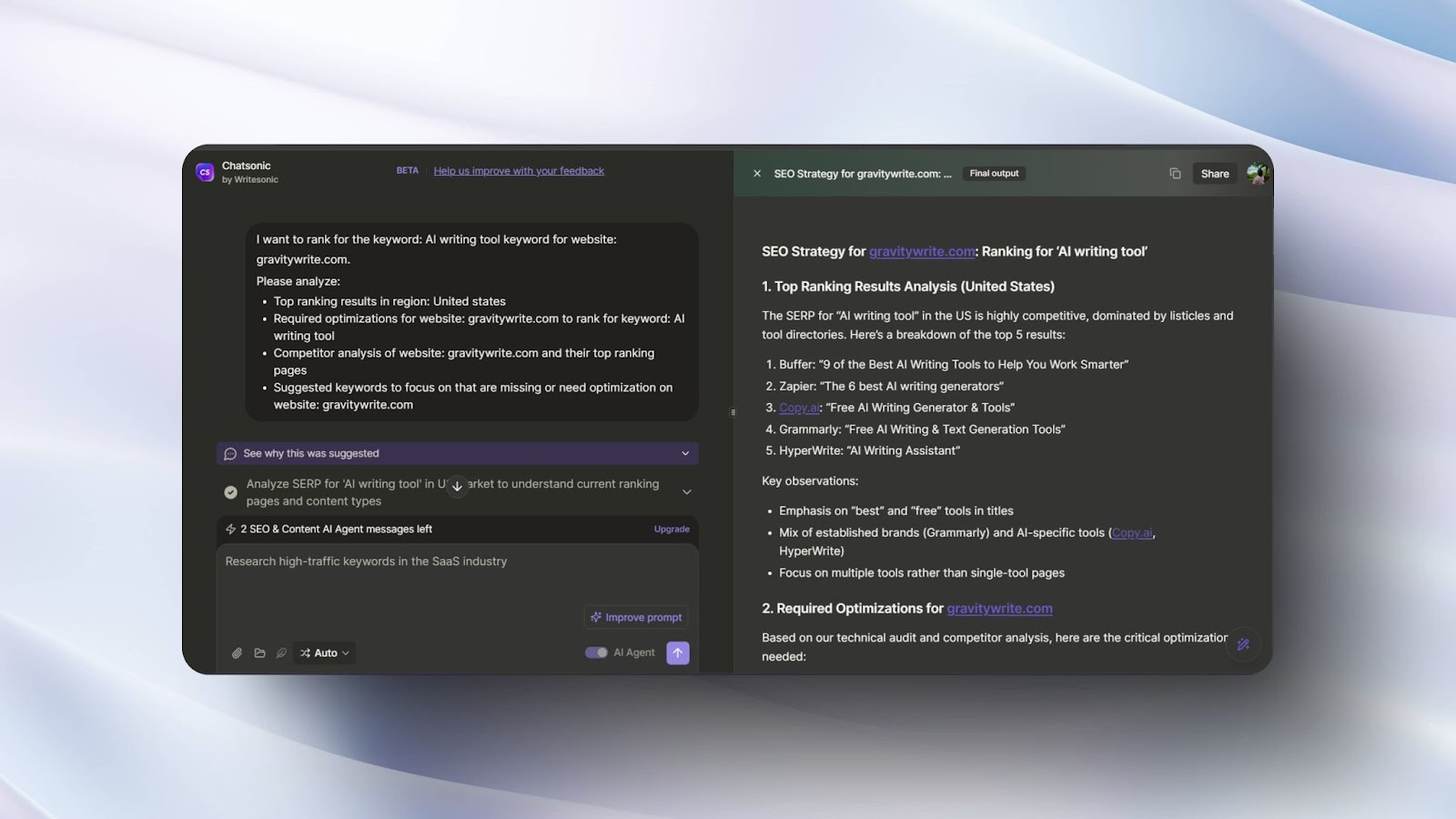 screenshot of ChatSonic AI interface with a dark theme, analyzing SEO strategy for ranking "AI writing tool" with competitor insights and optimizations.