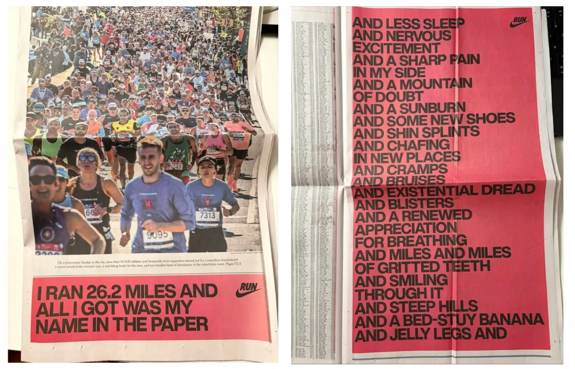 A dense crowd of marathon runners racing on a city street, shown alongside a red Nike “Run” newspaper page filled with bold text about the physical and emotional challenges of running 26.2 miles.
