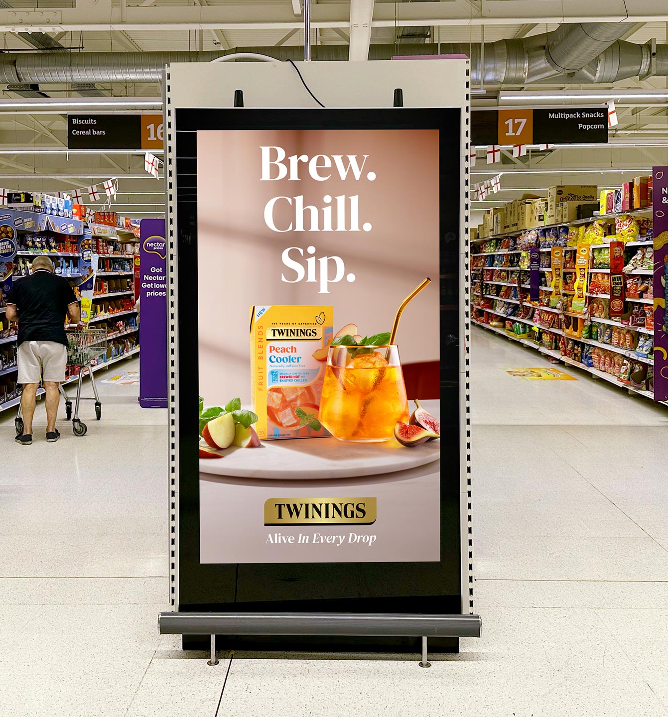 A Poster of a Twinings advert in a supermarket.