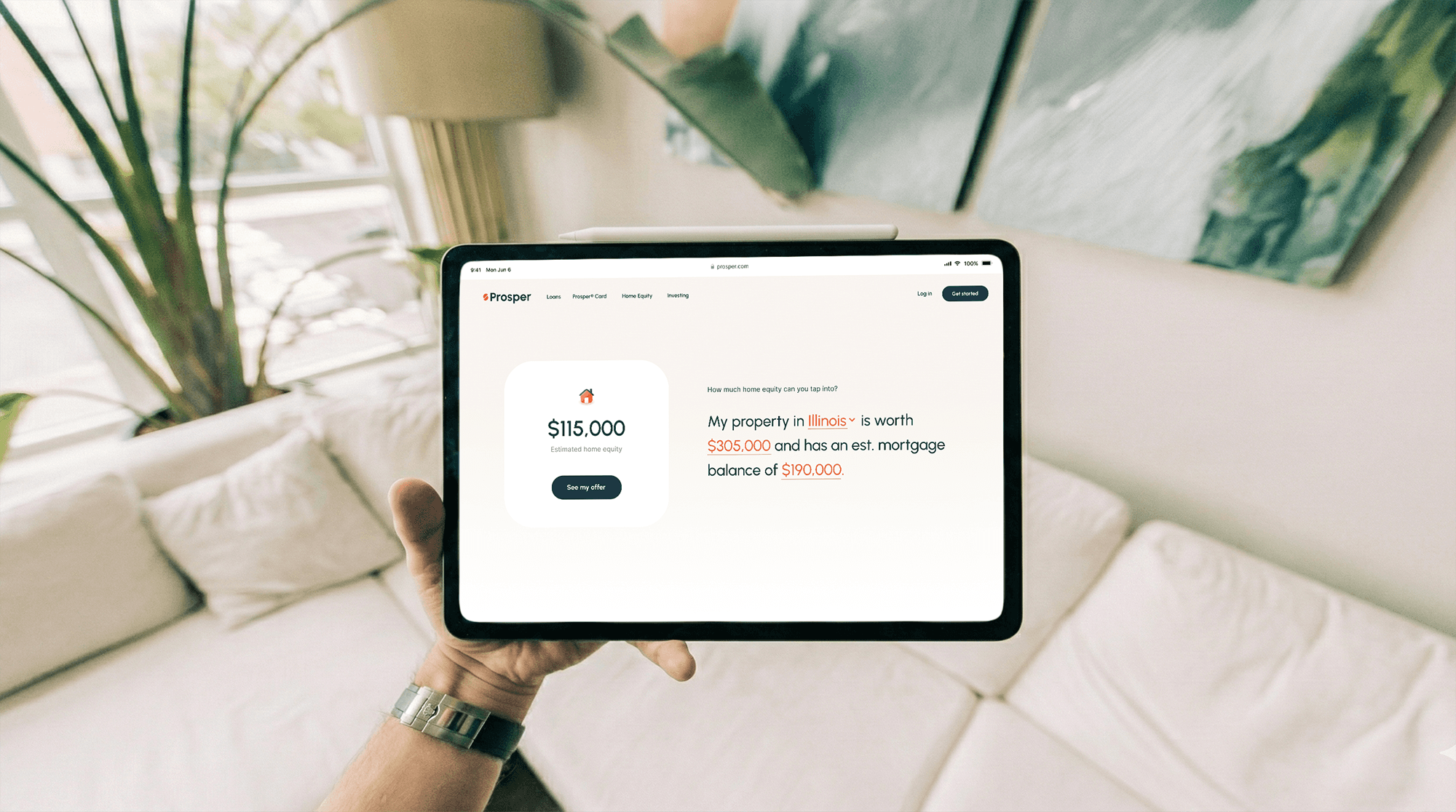 Prosper home lending on a tablet