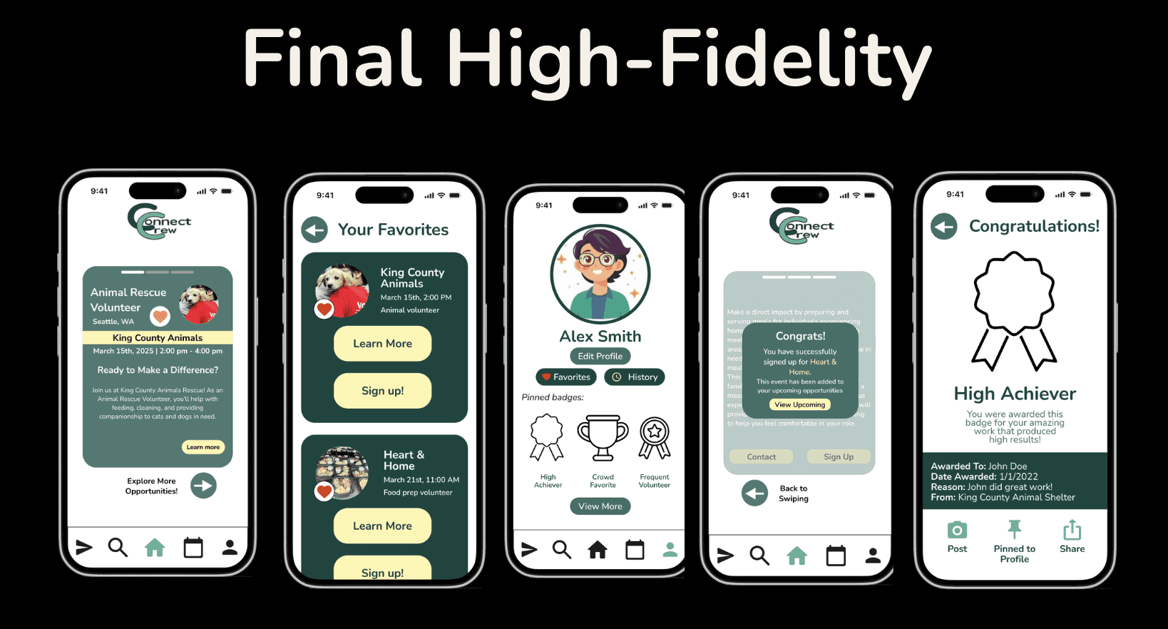 Five screens of a mock-up app.
