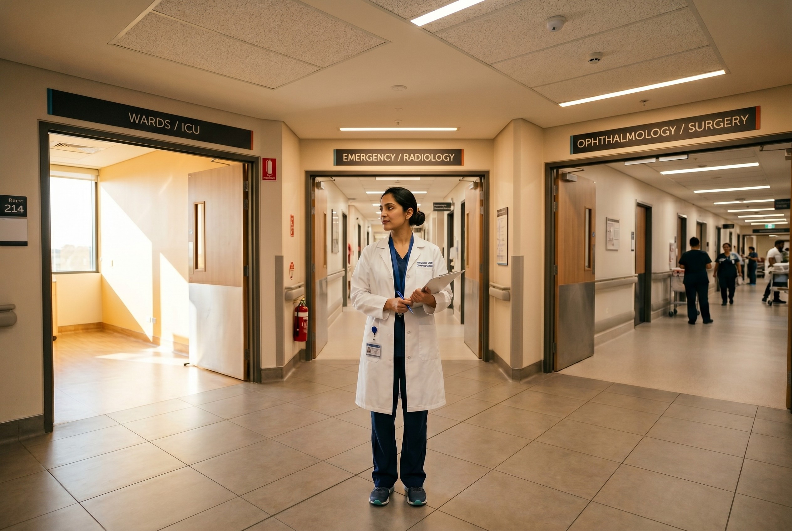 Young female ophthalmologist in white coat standing at intersection of four hospital corridors with ophthalmology surgery sign visible and natural light in background