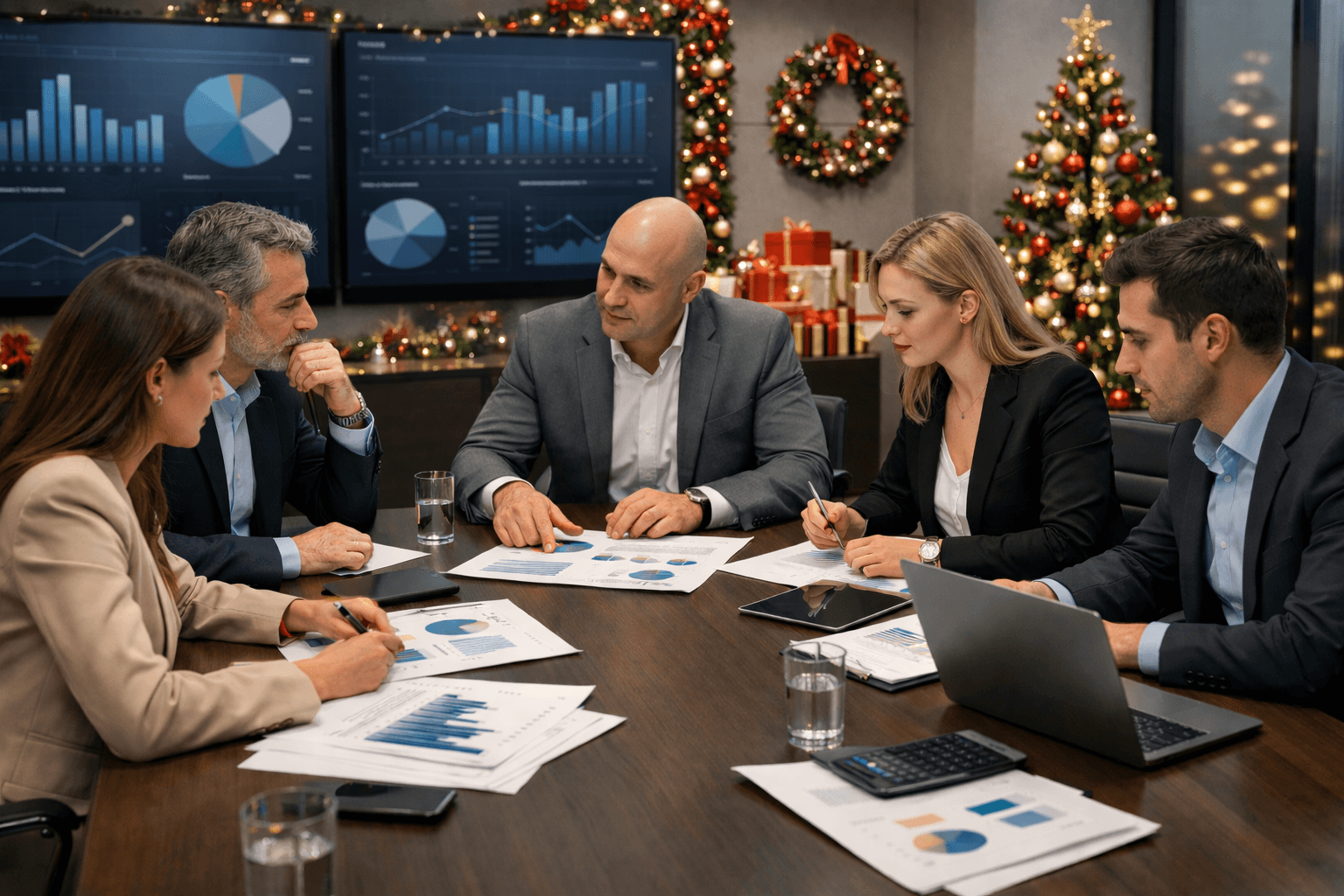 Cena corporativa em ambiente profissional com equipe em reunião estratégica de fim de ano, analisando gráficos e relatórios sobre mesa de reunião, com notebooks e dashboards ao fundo, decoração de Natal elegante com árvore, guirlandas e luzes suaves, transmitindo planejamento, tomada de decisão e visão de longo prazo no contexto empresarial.