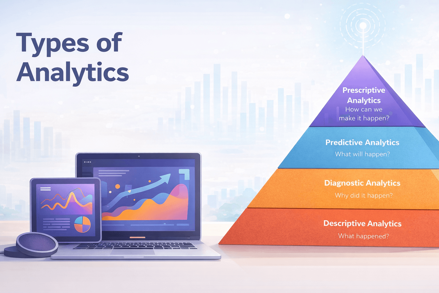 Sleek dark-themed illustration showing data analytics dashboards, abstract charts, and decision-making visuals representing the types of analytics framework.