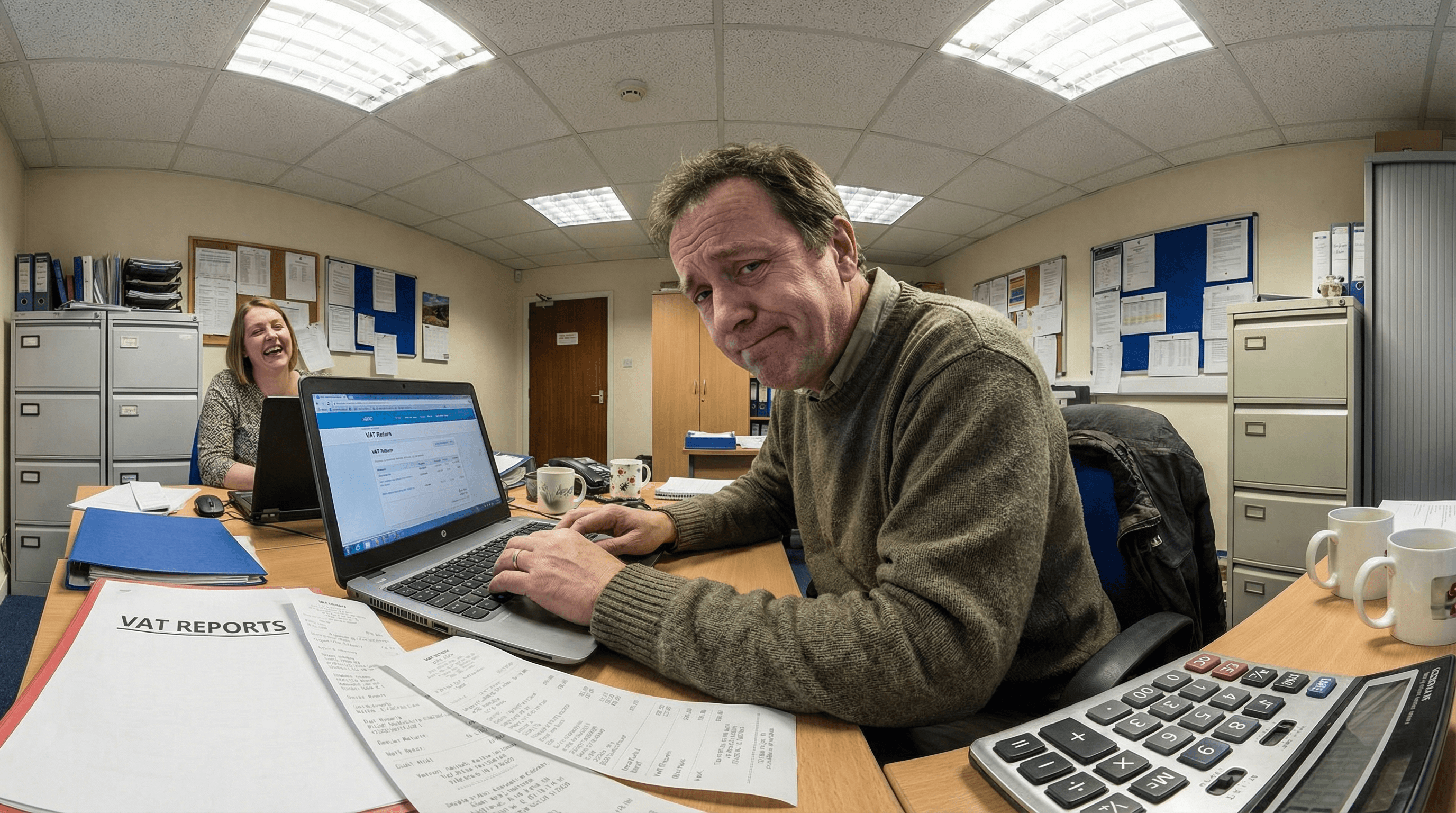 Four workers in black coveralls walk through an industrial facility.