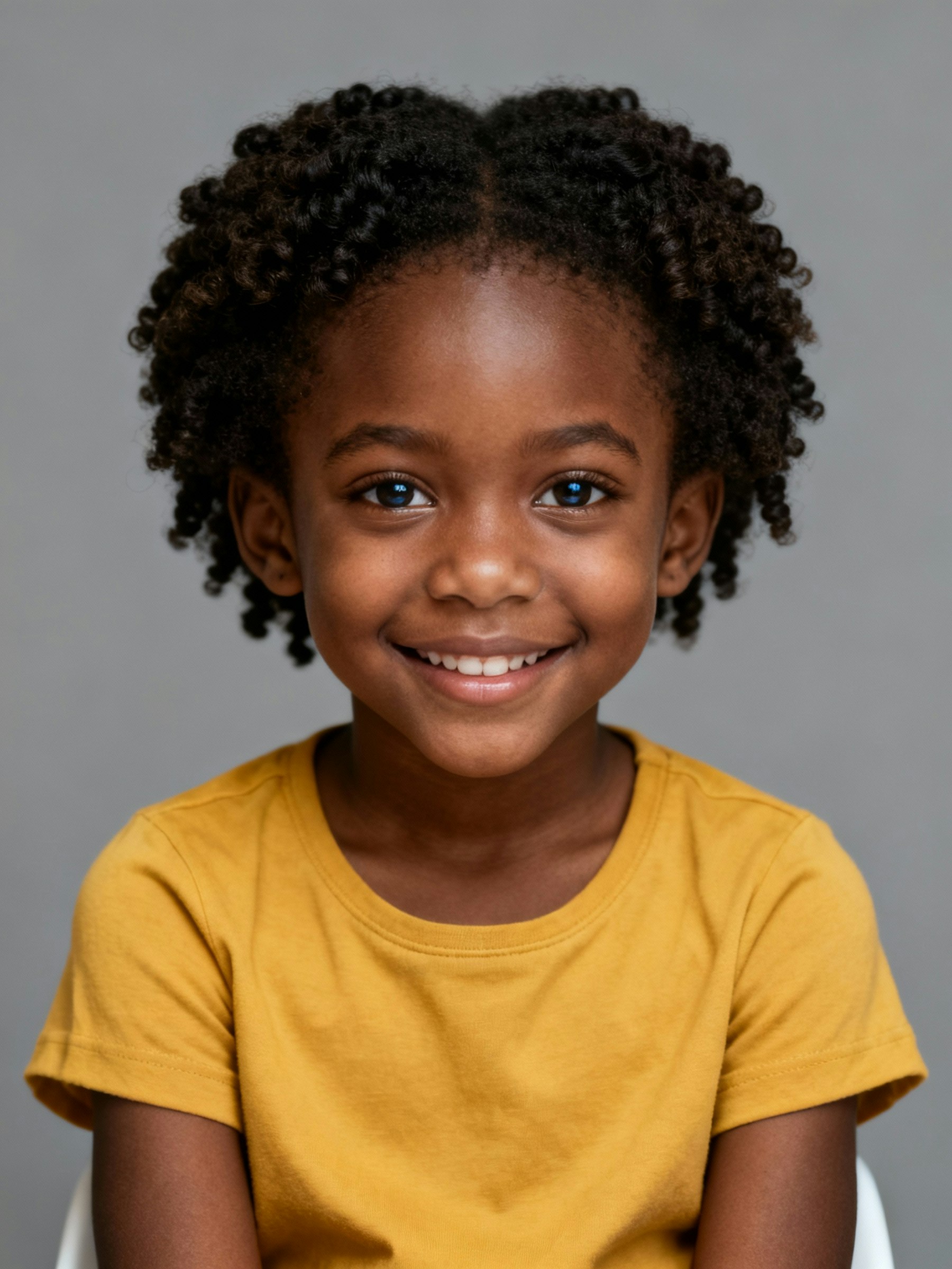 A smiling child with curly hair in a yellow shirt against a gray background, radiating warmth and positivity.