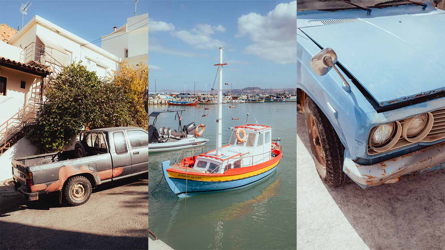 Three vertical images taken in greece, one of a truck, one of a boat, and another one of a truck