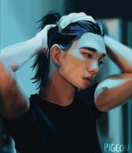 A man with both hands in his hair, in cool blue light, face drawing by pigeon-cheese