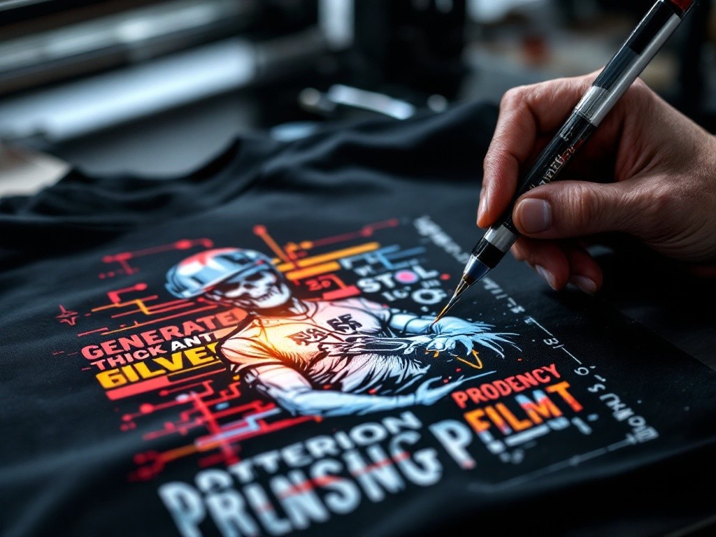 Close-up of a hand using a pen to add details to a t-shirt design that features a skull wearing a helmet and other graphic elements.