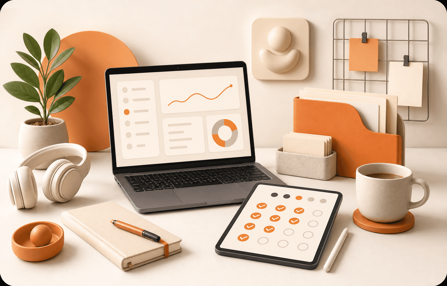 Warm freelancer workspace with a laptop, tablet checklist, orange folder, calendar board, headphones, coffee, and plant