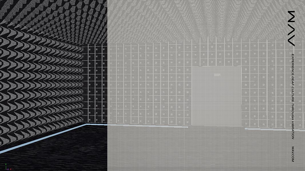 The image shows a minimalist, symmetrical design split into two distinct sections. On the left, a series of curved, wave-like patterns in shades of black and gray create a sense of depth and movement. On the right, a grid of square or rectangular shapes in varying shades of gray fills the space. A light gray rectangular area is centered in the image, contrasting with the darker gray grid. A light blue line runs along the bottom edge of the image. The text "MVV" and "EXPERIENCE DEAF CULTURE THROUGH VIBRATION" is visible along the right edge.