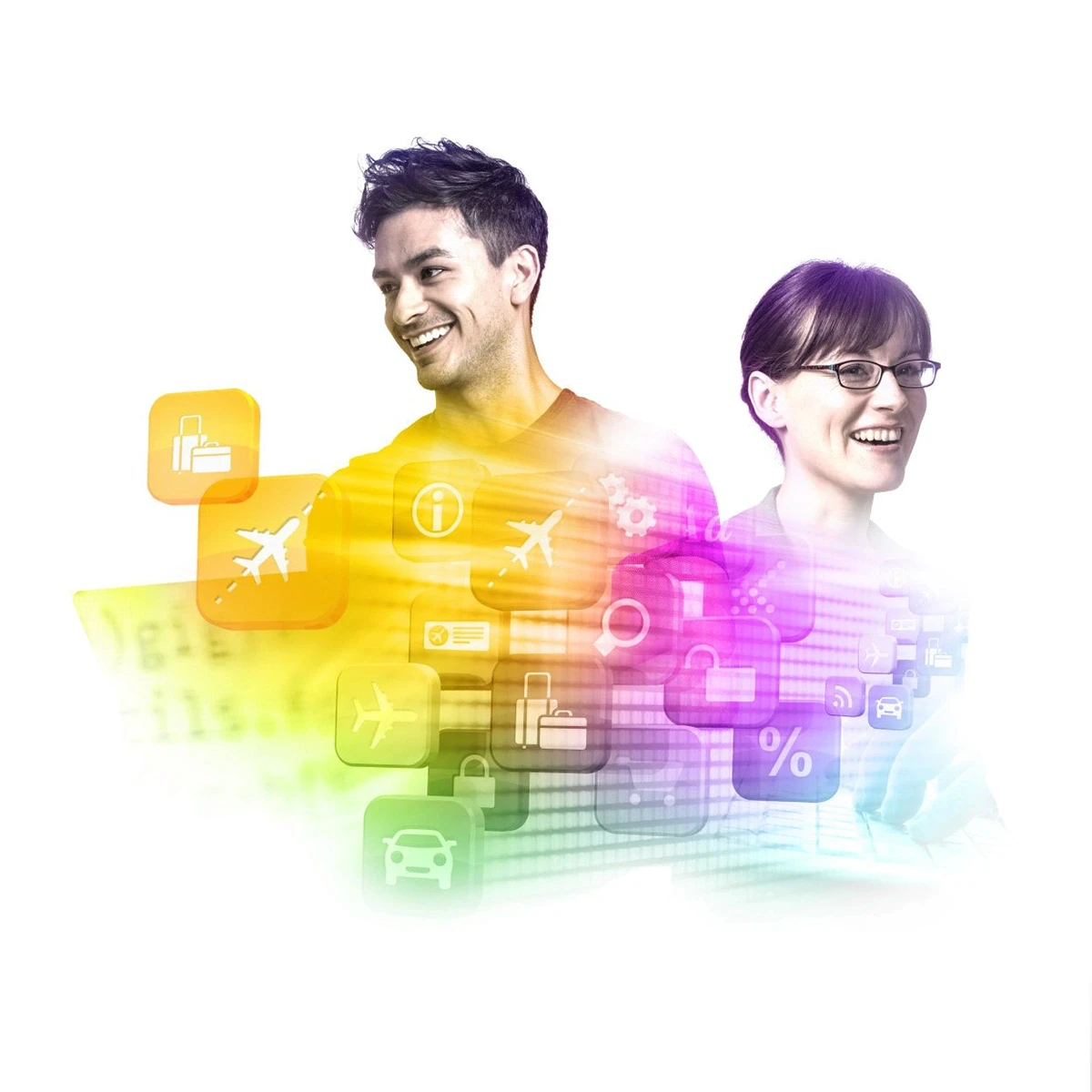 Man and woman in colourful graphic environment with travel related icons surrounding