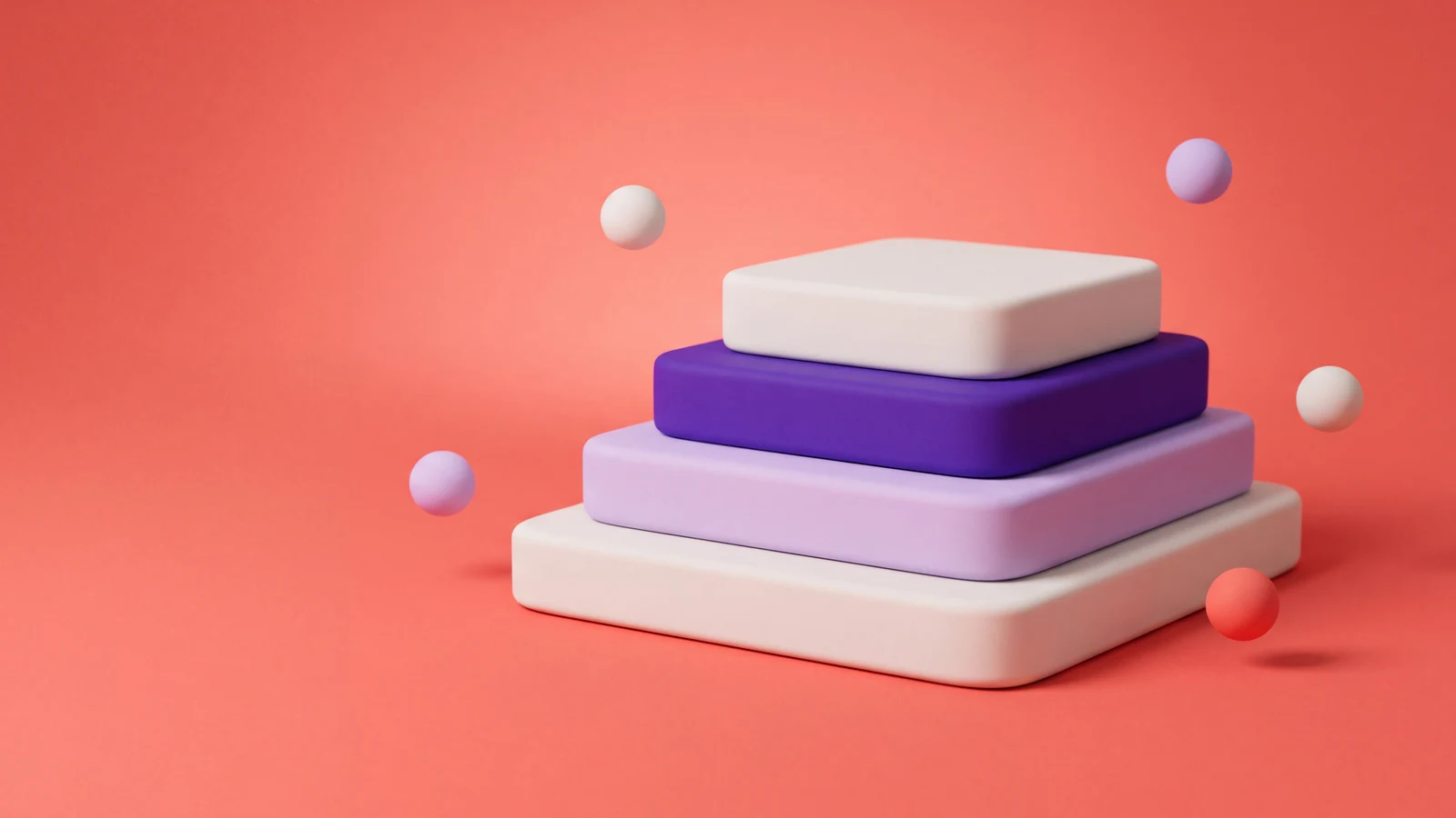 Abstract 3D clay illustration of a stepped block with four rounded tiers in off white, pale lilac and deep violet, with small spheres floating around it, on a plain coral background.