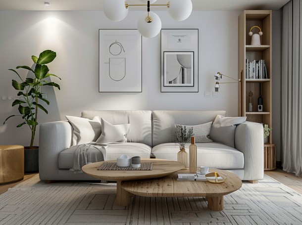 Jasny salon z beżową sofą, drewnianym stolikiem kawowym, nowoczesnymi grafikami na ścianie, regałem z dekoracjami i rośliną w doniczce, urządzony w stylu skandynawskim.