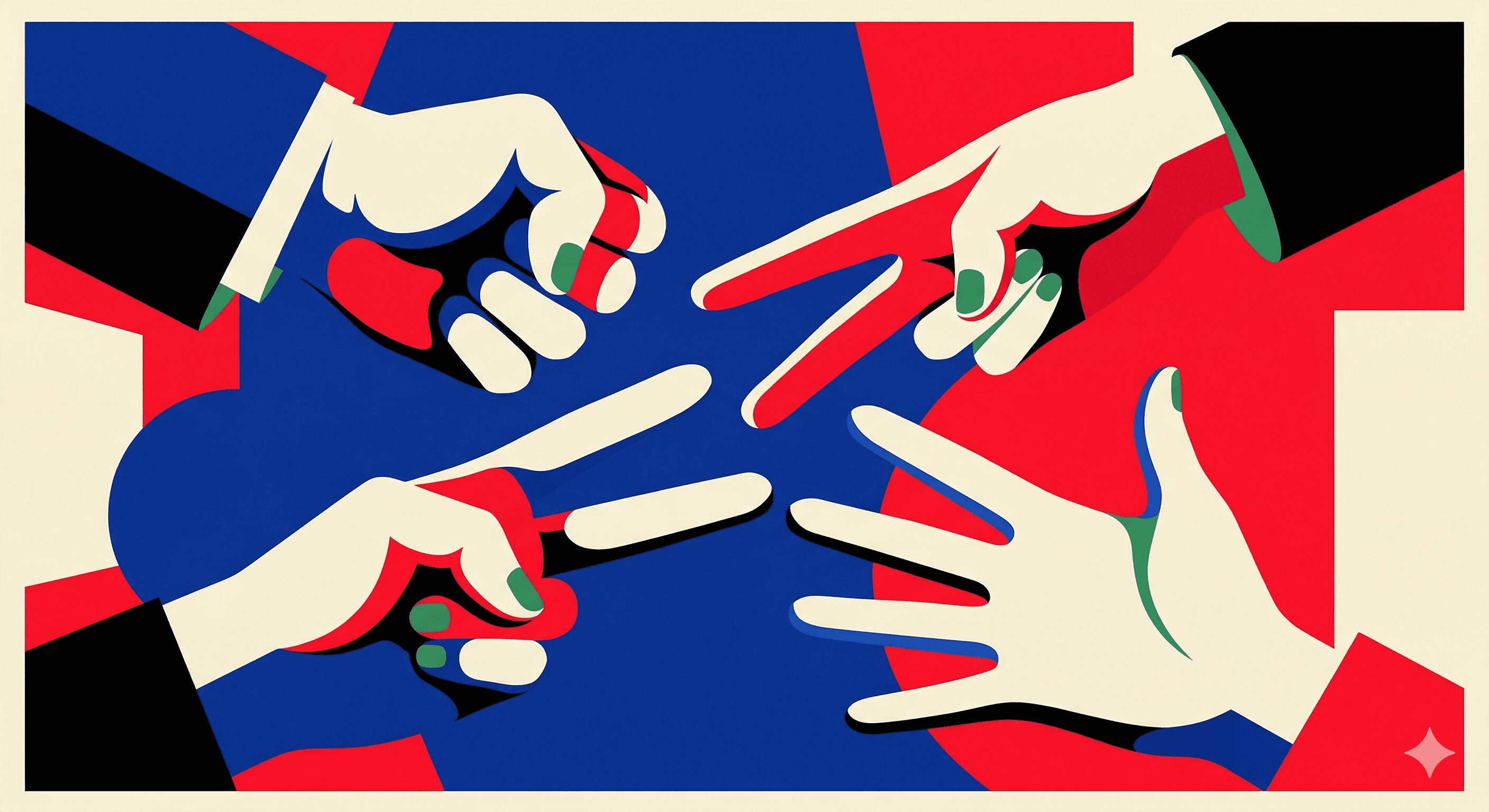 4 hands doing rock paper scissors