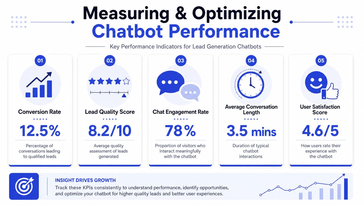 An infographic showing five key performance indicators for measuring and optimizing chatbot performance for lead generation.