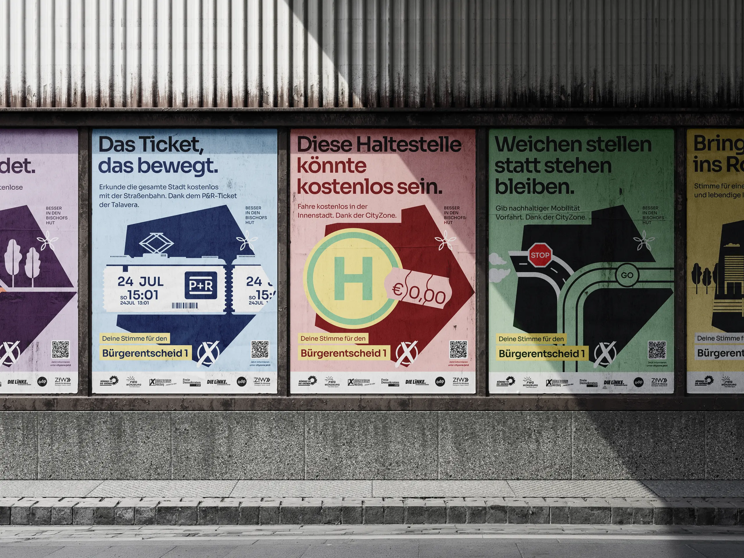 Fünf Wahlplakate zum Bürgerentscheid 1 in Würzburg mit Motiven zu kostenloser Straßenbahn und CityZone.