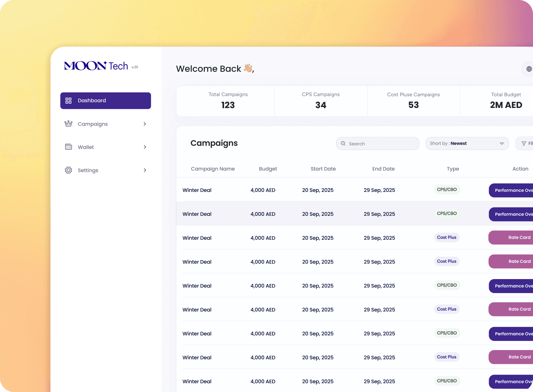 Track your brand campaign performance from MoonTech for brands app