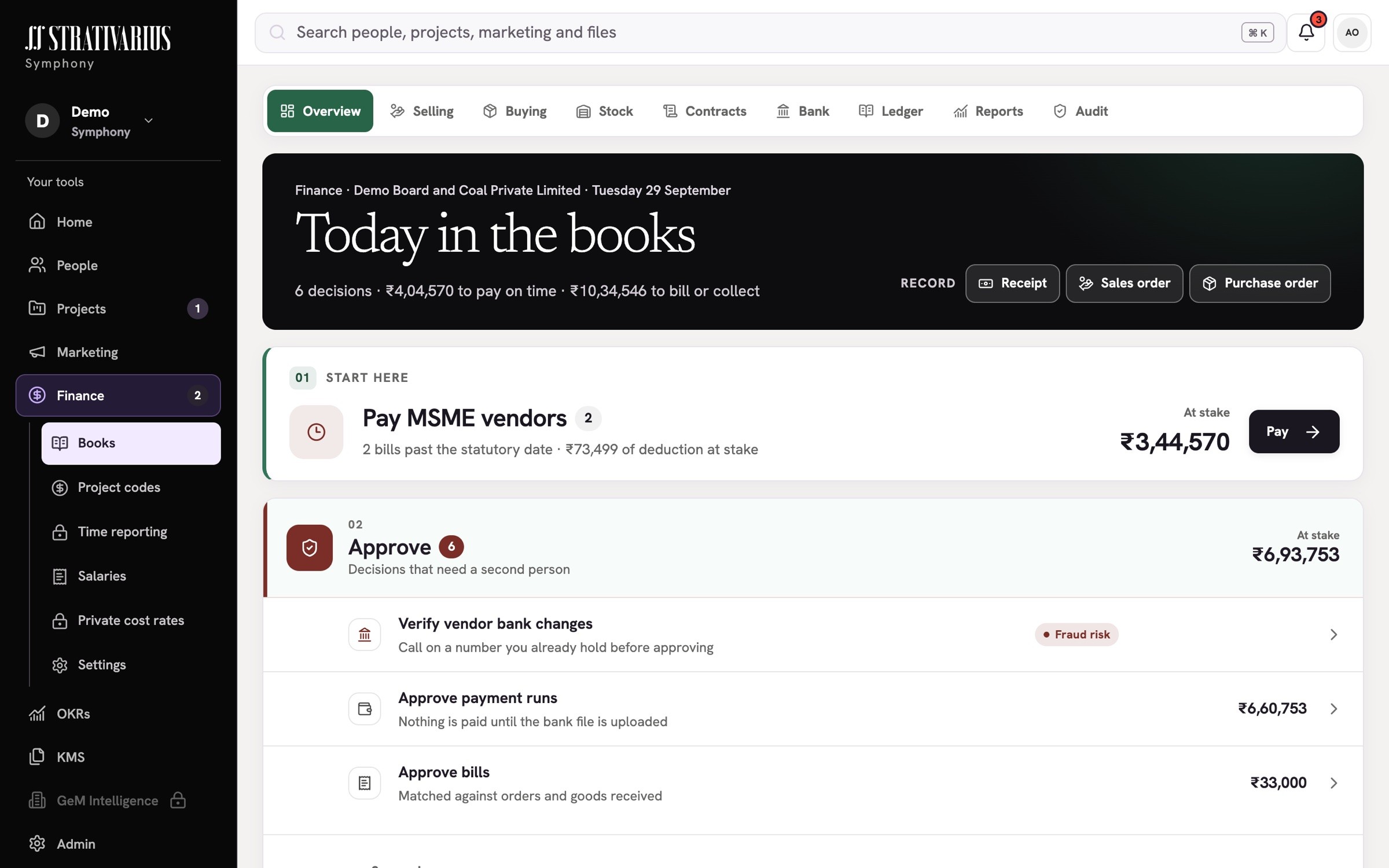 Finance books in a demonstration workspace: decisions waiting, with the amounts at stake