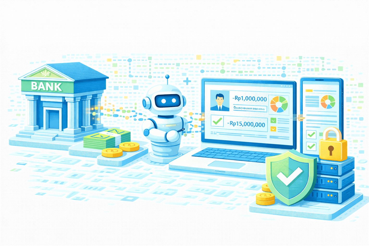 Ilustrasi AI‑assisted banking data validation & secure financial operations. Di kiri terlihat gedung BANK dengan tumpukan uang/koin, terhubung ke robot AI di tengah yang memantau proses. Di kanan, laptop menampilkan dashboard profil nasabah dengan grafik dan nilai −Rp1.000.000 serta −Rp15.000.000 yang telah terverifikasi (checklist hijau), berdampingan dengan server, ikon gembok, dan perisai bertanda centang yang menandakan keamanan dan kepatuhan. Visual menggambarkan orkestrasi data perbankan, validasi otomatis, dan perlindungan end‑to‑end berbasis AI.
