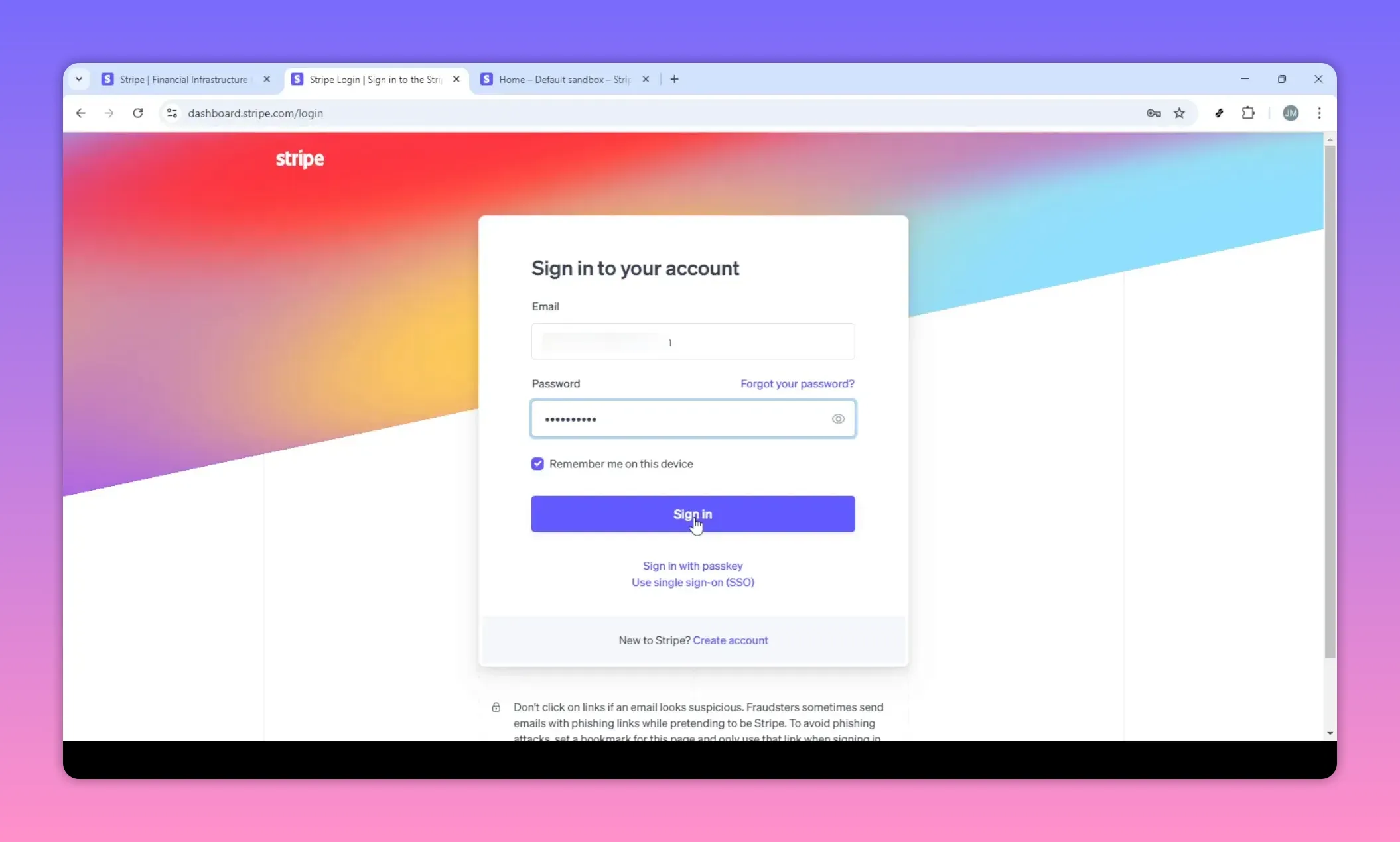 Stripe sign-in form with email, masked password and highlighted Sign in button