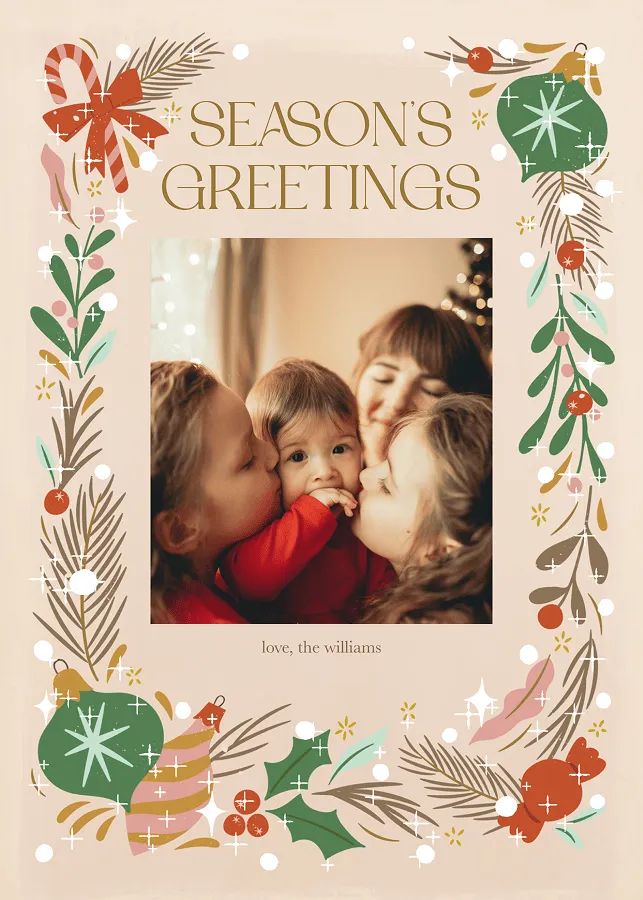 New Year's scrapbook-style card template with Polaroid party photos and 'What I'll miss about 2024' handwritten text