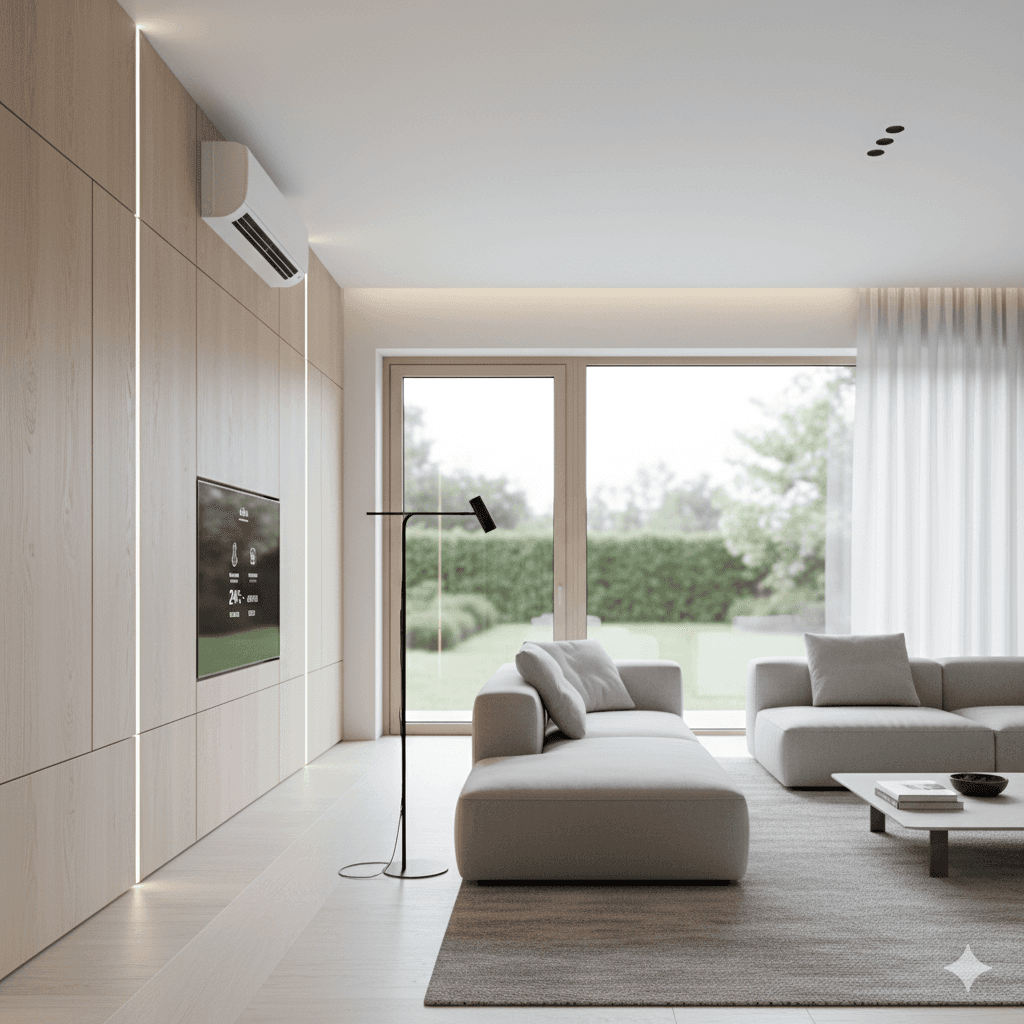 Modern living room with VRV/VRF AC and smart home panel in M3M Mystique Low Rise Floors, Gurugram