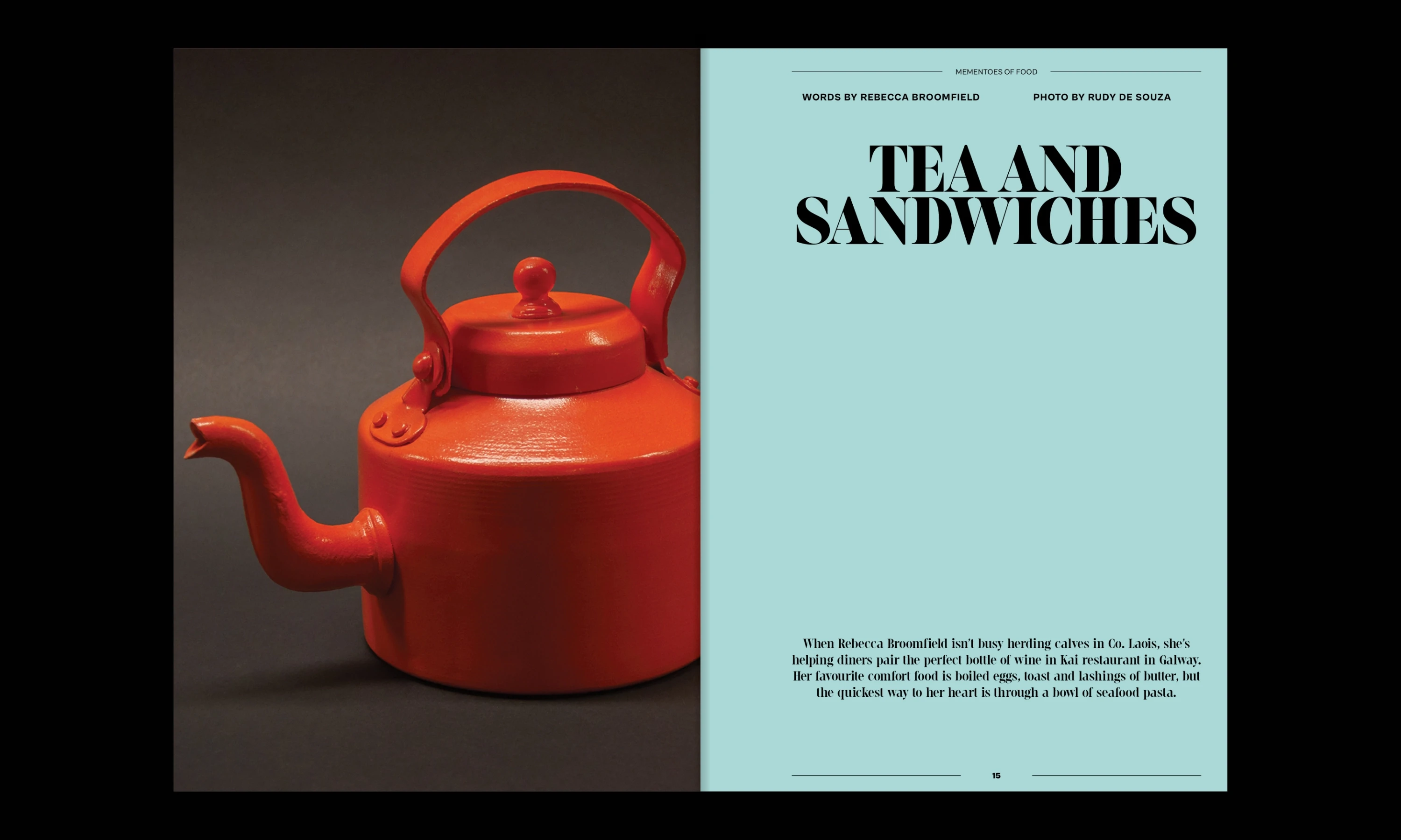 A layout spread with an orange old style teapot on one page and a titel page with tea and sandwiches as the title