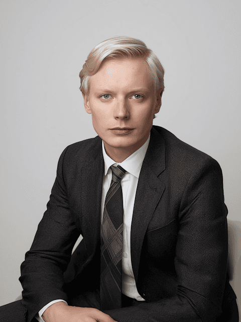 Professional portrait of a person in a dark suit and tie, with blonde hair and blue eyes, sitting against a neutral background.