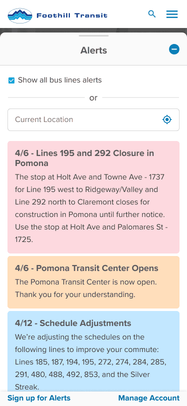 Foothilltransit.org mobile site displaying alers and notification expanded from the sticky footer