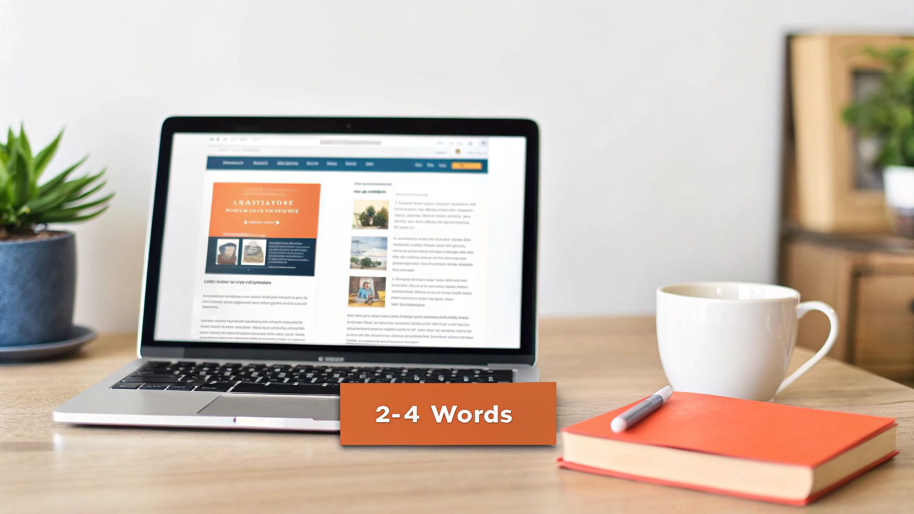 A laptop on a wooden desk displays a website, alongside a coffee mug, an orange book, and a potted plant.