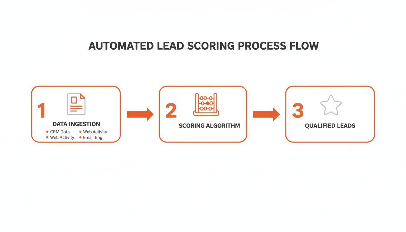 A flow diagram illustrates the automated lead scoring process, from data ingestion to qualified leads.