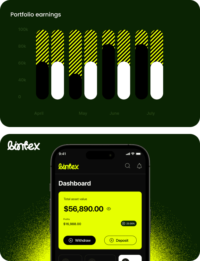 The image features a graph illustrating portfolio earnings, with colored bars indicating differing values for April through July, and below it is a mobile phone screen displaying the dashboard of a finance app showing total asset value and options for withdrawal and deposit.