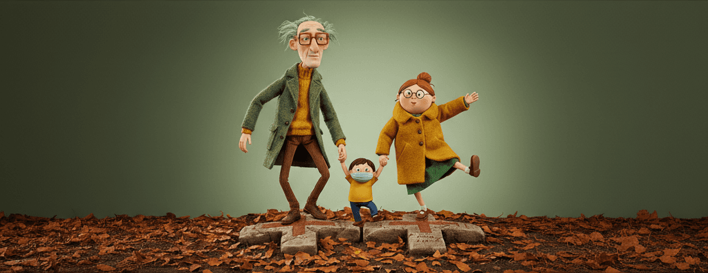 An elderly couple and a child, stylized with exaggerated proportions, playfully balance, holding hands, dancing on symbols of the red cross.