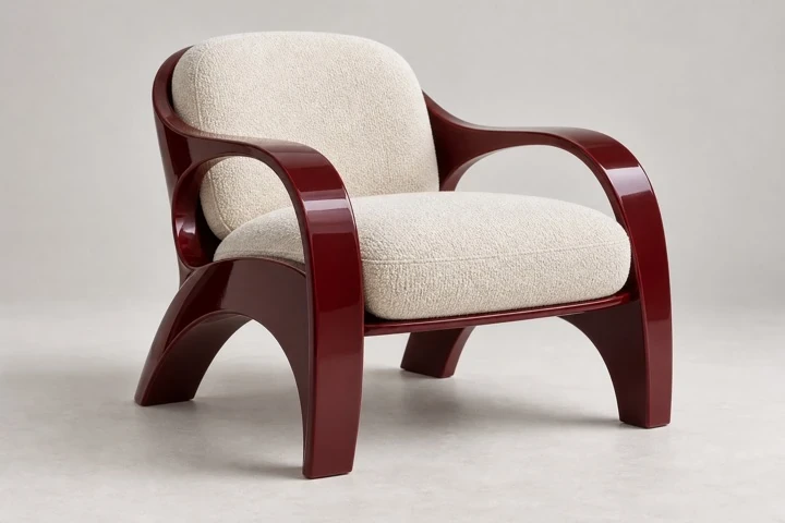 Sculptural oxblood lacquered lounge chair with cream bouclé cushions, shown whole in a studio photograph