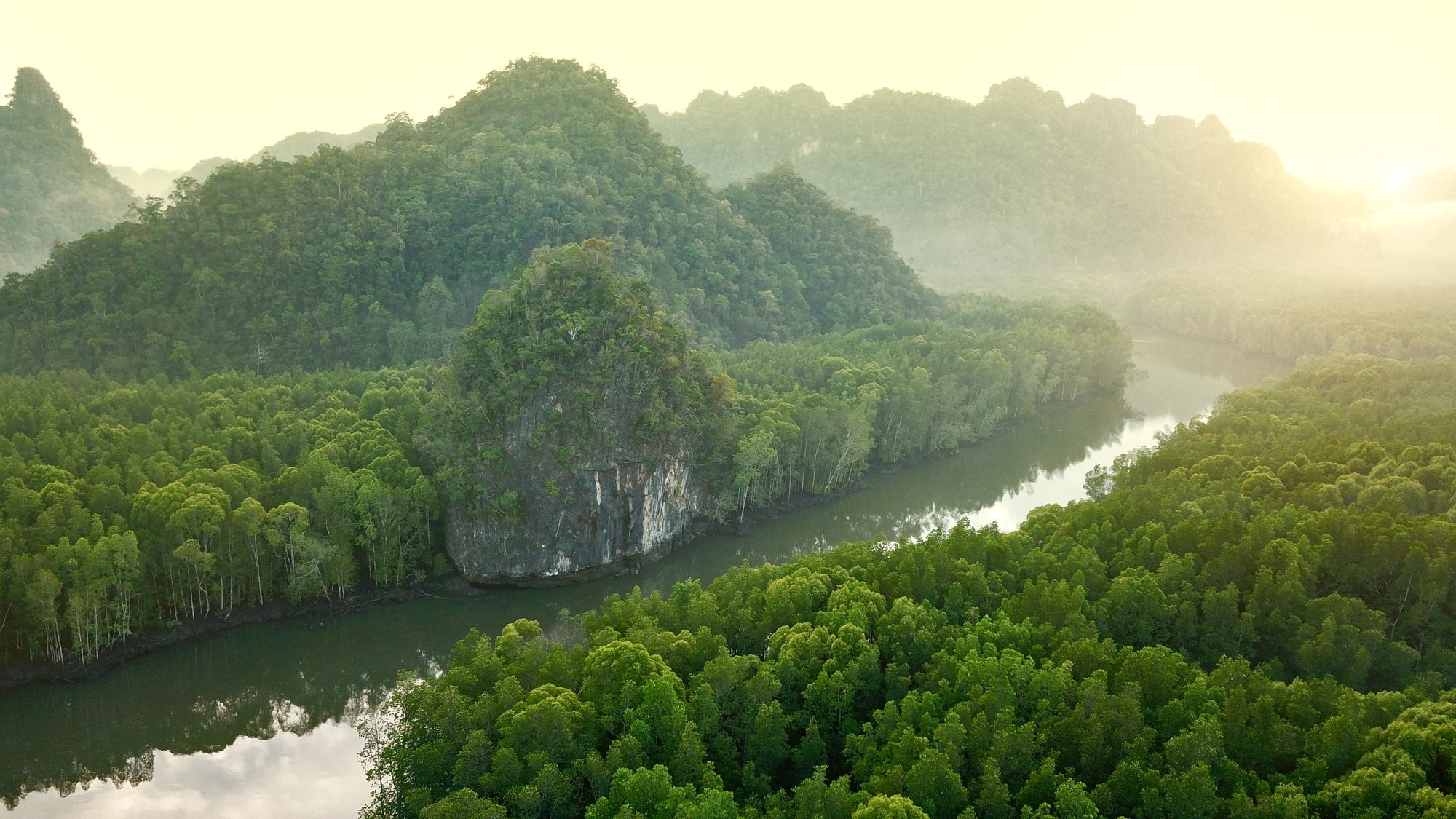 The Kilim river winding between limestone hills and mangrove forest at sunrise
