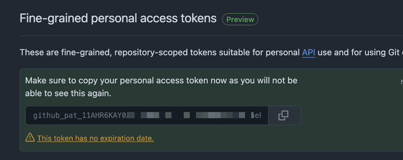 The image displays the confirmation page where we can see the access token, the access token starts with github_pat_